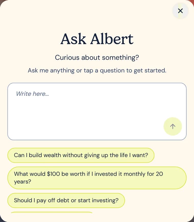 Pannello Ask Albert aperto sulla home del sito CakeClub