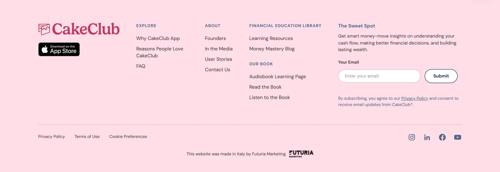 Footer del sito CakeClub con il credito di Futuria Marketing