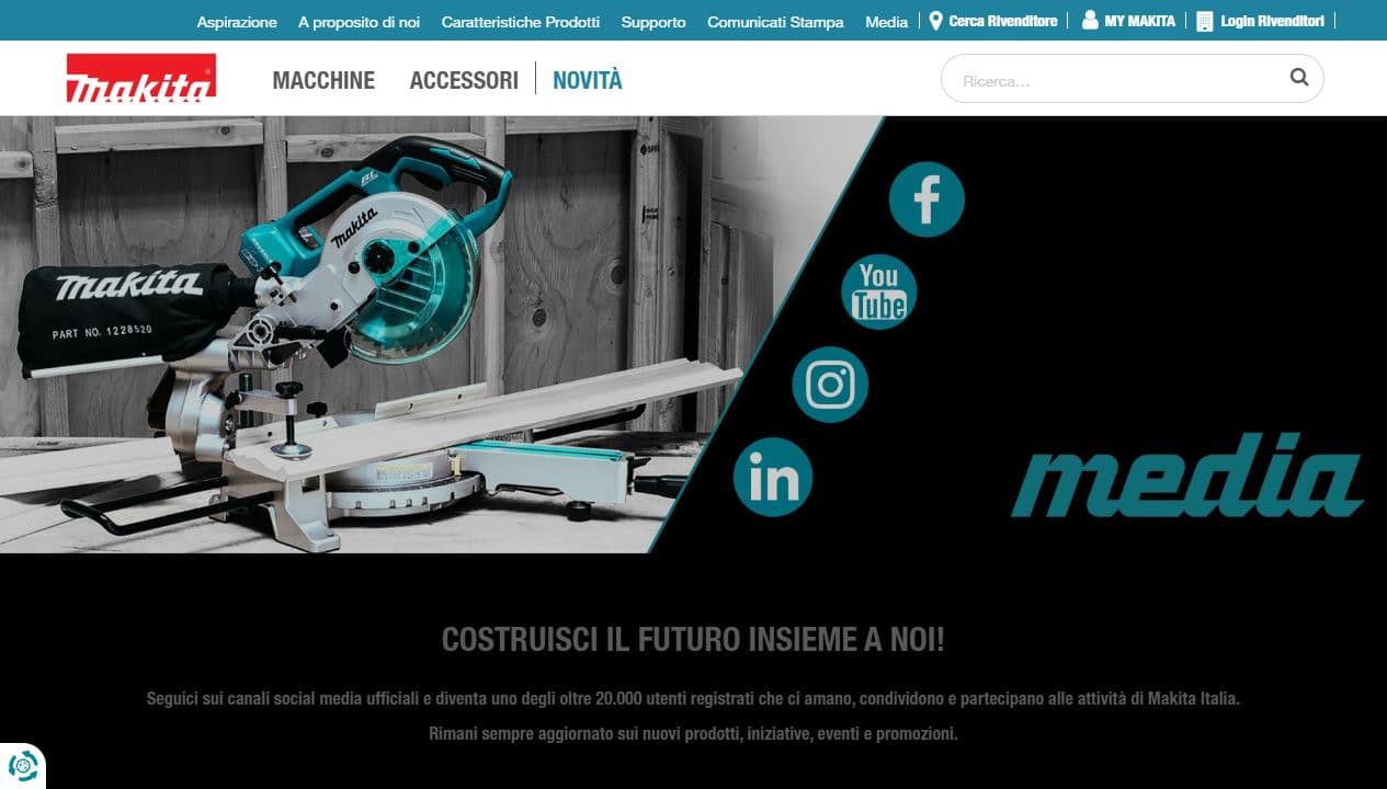 Pagina social media ufficiale Makita Italia con canali Facebook, YouTube, Instagram e LinkedIn