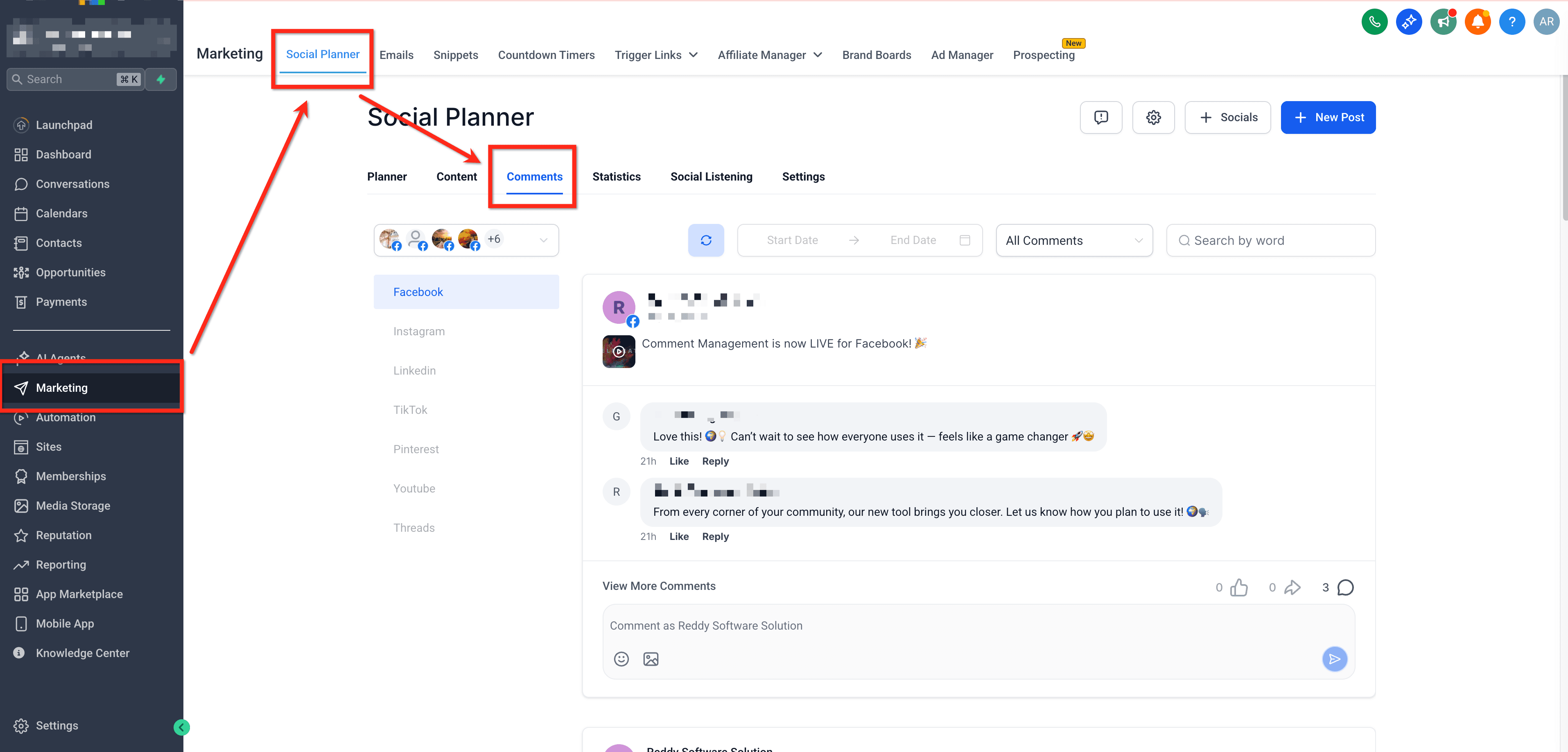 Gestione dei commenti nel Social Planner di Futuria CRM