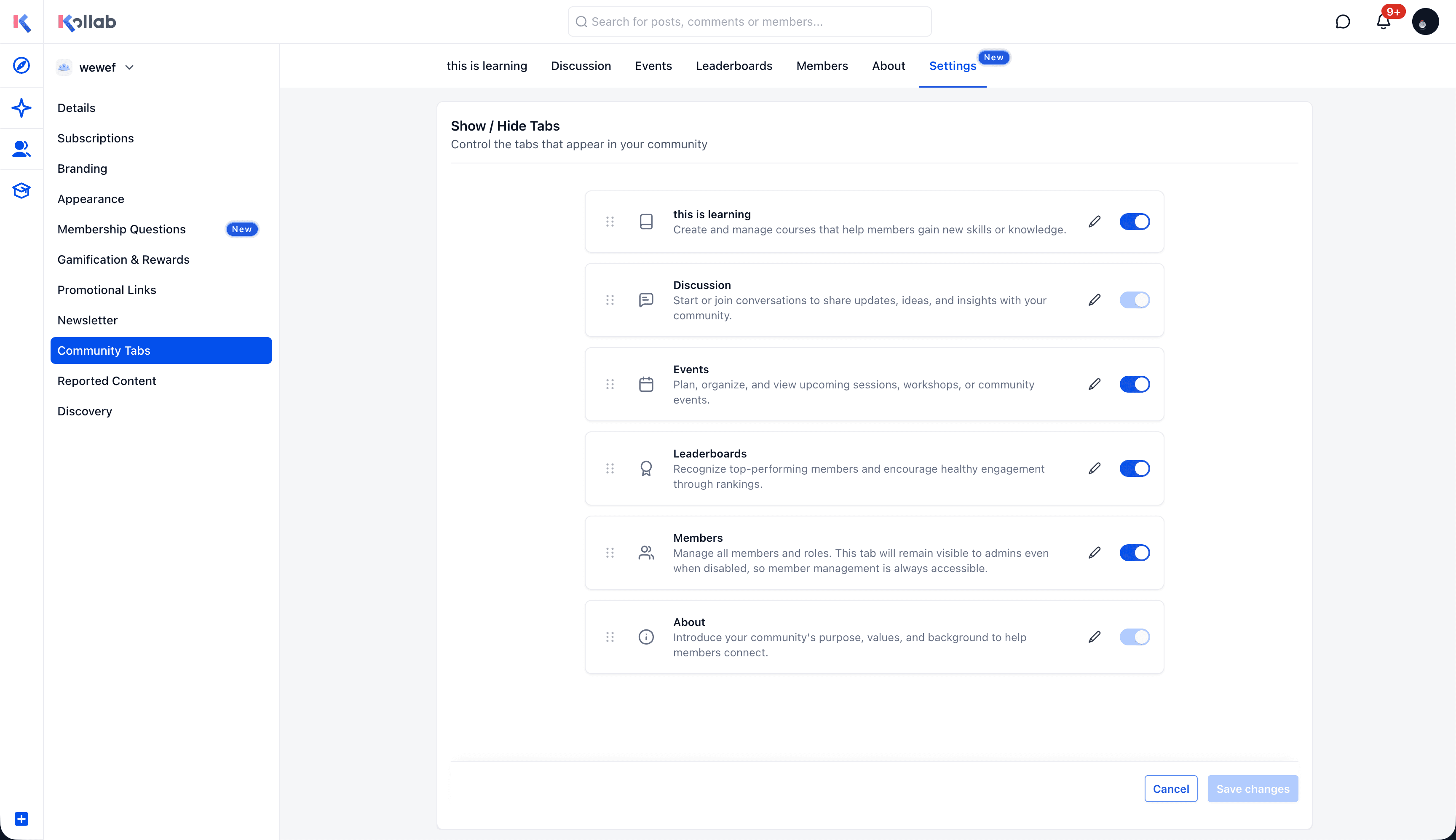 Community: personalizza la navigazione riordinando e rinominando le schede
