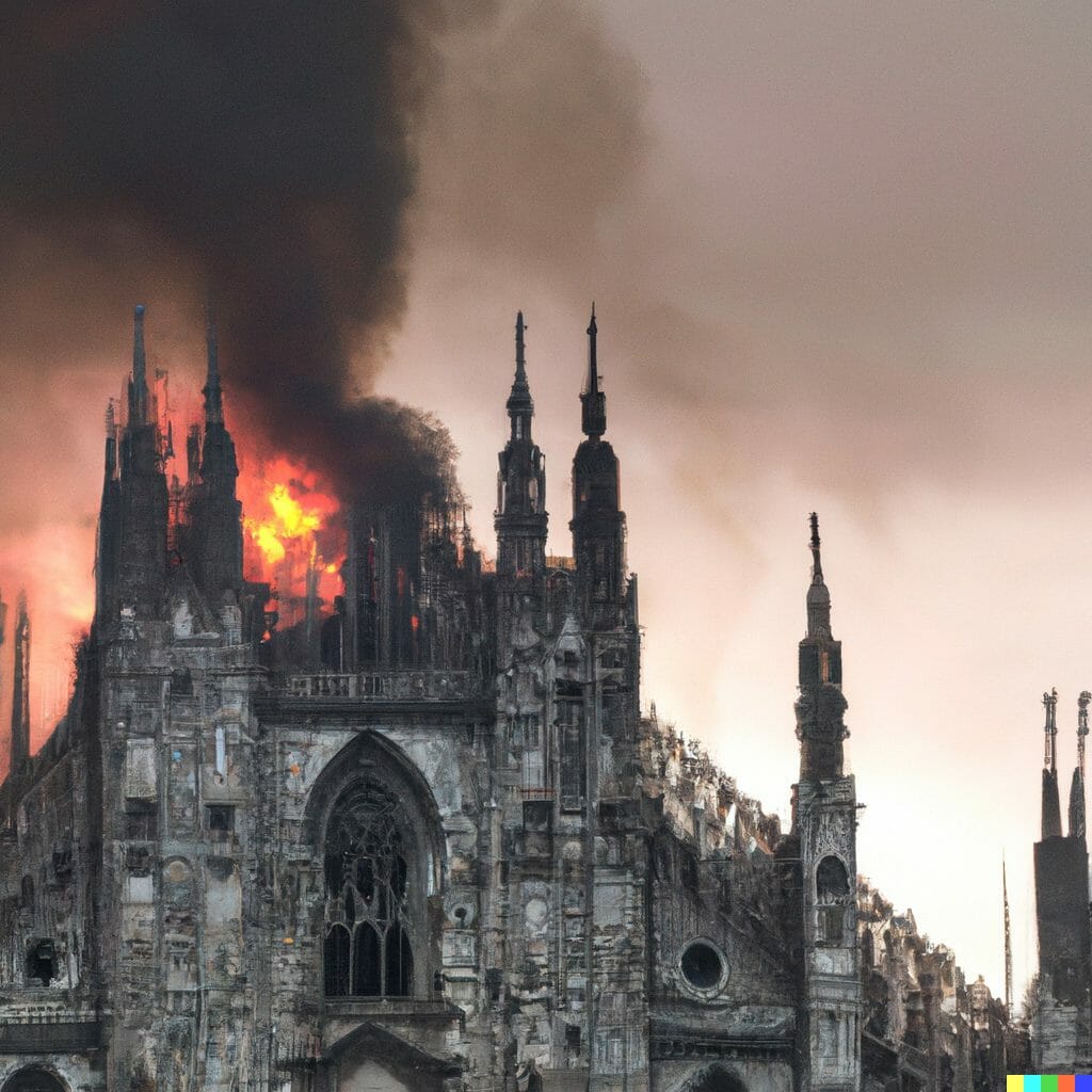 DALL·E 2022 10 06 16.07.40 the cathedral in Milan goes on fire and burns out - Futuria Marketing