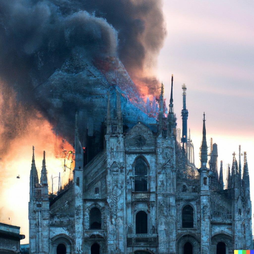 DALL·E 2022 10 06 09.16.56 the cathedral in Milan goes on fire and burns out - Futuria Marketing