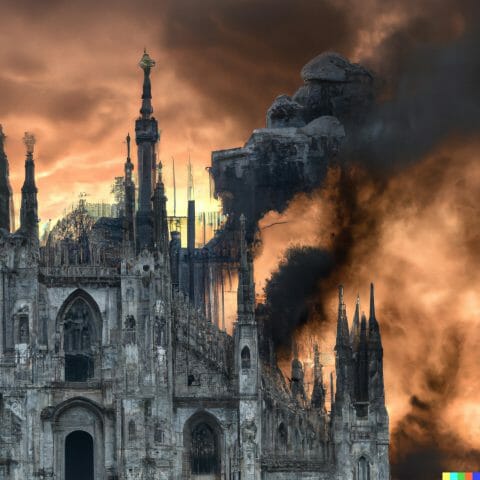 DALL·E 2022-10-06 16.07.38 - the cathedral in Milan goes on fire and burns out