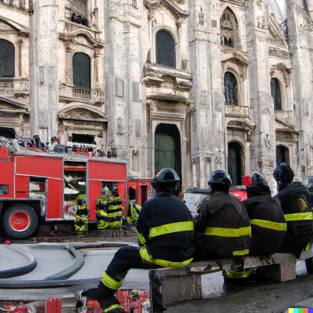 DALL·E 2022 10 06 16.14.15 7 firemen lounging in front of the milan cathedral on fire - Futuria Marketing