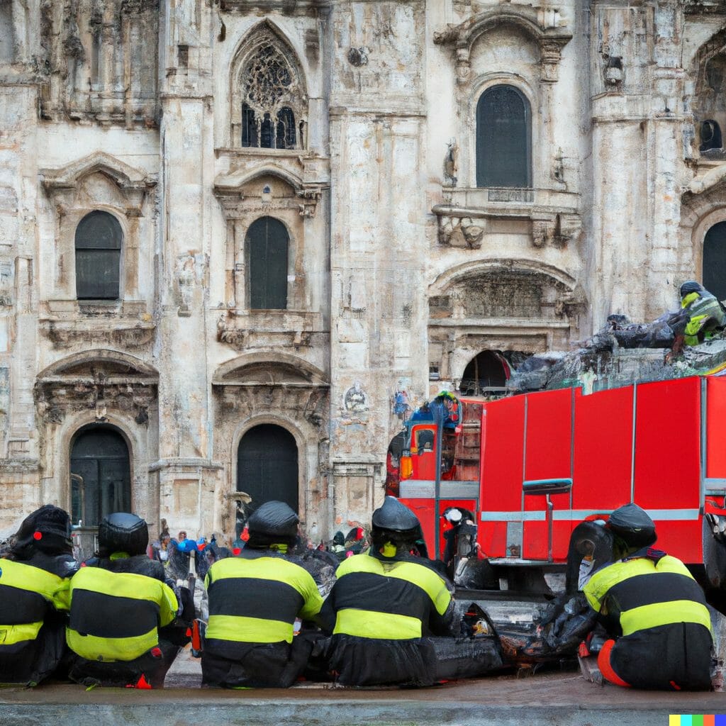 DALL·E 2022 10 06 16.14.42 7 firemen lounging in front of the milan cathedral on fire - Futuria Marketing